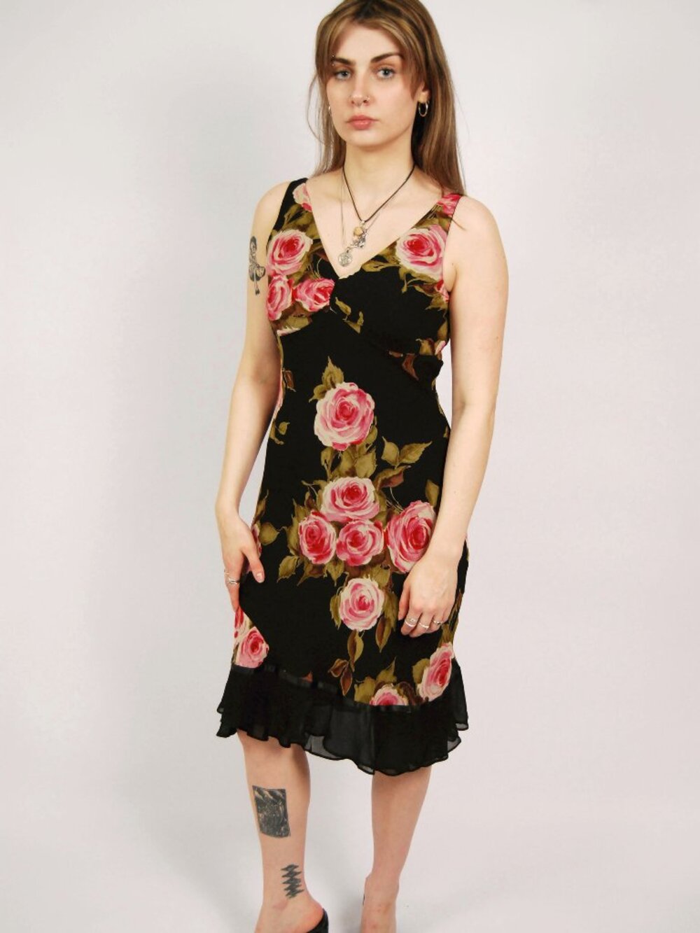 90s Slinky Dress (S) small black pink vintage midi floral glam cocktail tank